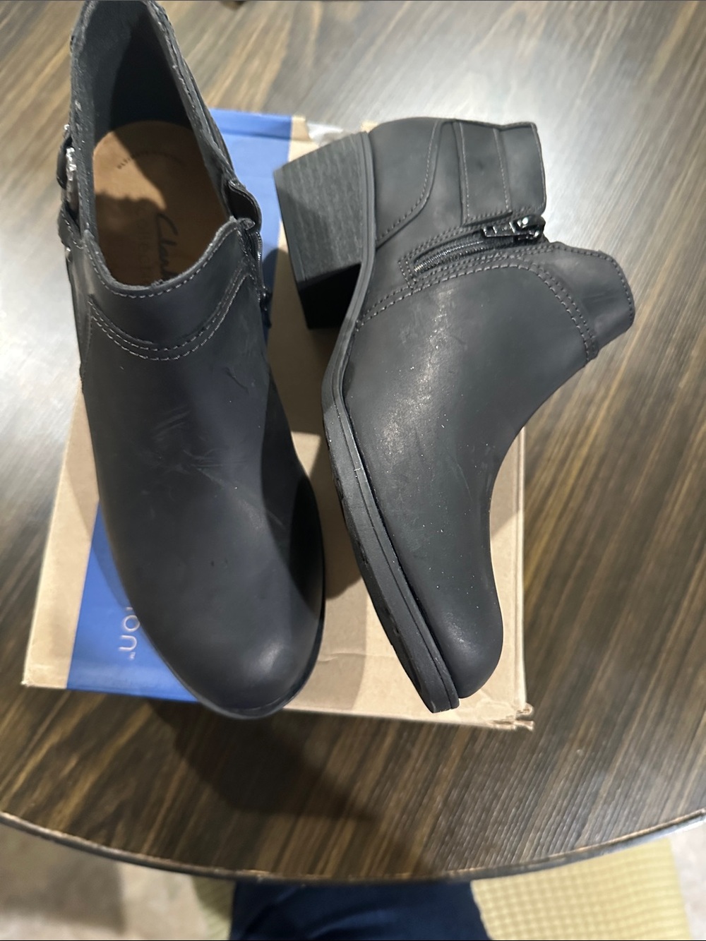 Clarks Black Ankle Booties with Side Zipper and Block Heel